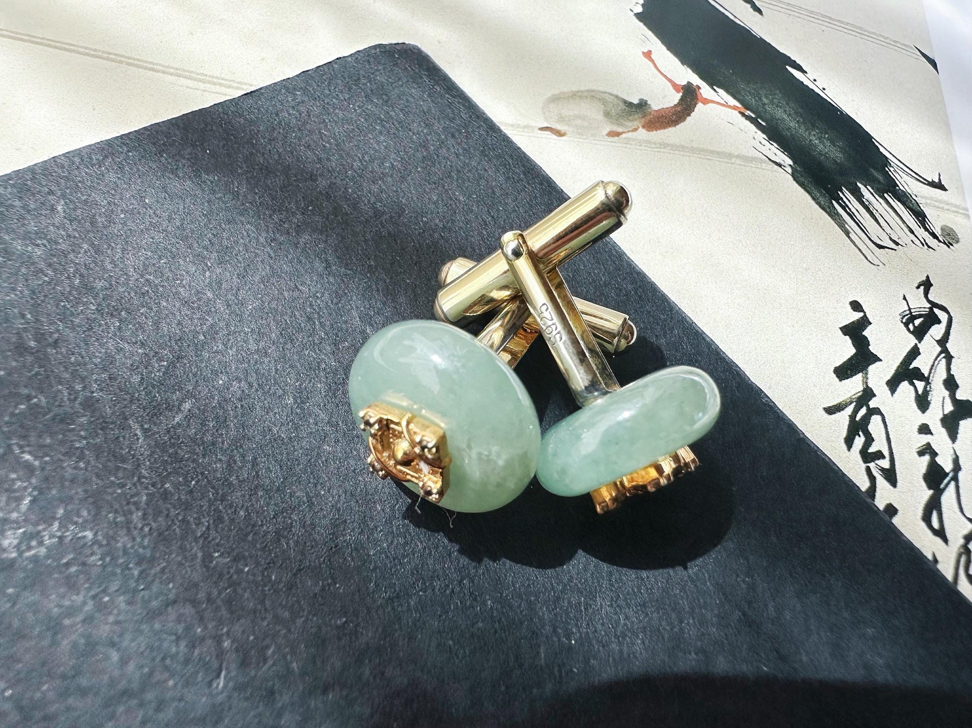 Icy Light Green Jadeite Cufflinks, Sterling Silver, White Zircon, Executive Refinement