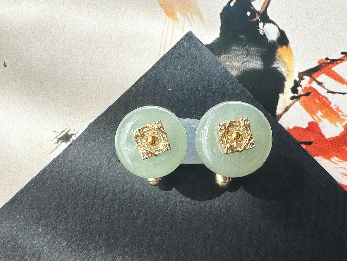 Icy Light Green Jadeite Cufflinks, Sterling Silver, White Zircon, Executive Refinement