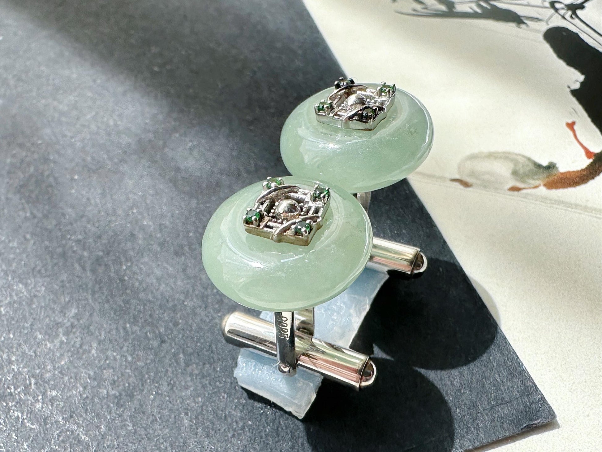 Icy Jadeite Cufflinks, Sterling Silver, Green Zircon, Modern Executive Accessory