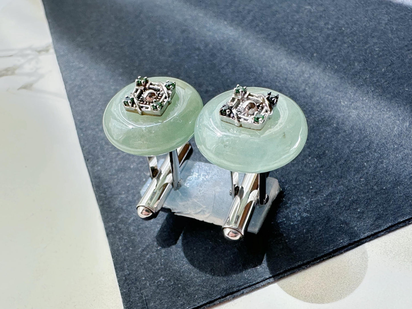 Icy Jadeite Cufflinks, Sterling Silver, Green Zircon, Modern Executive Accessory