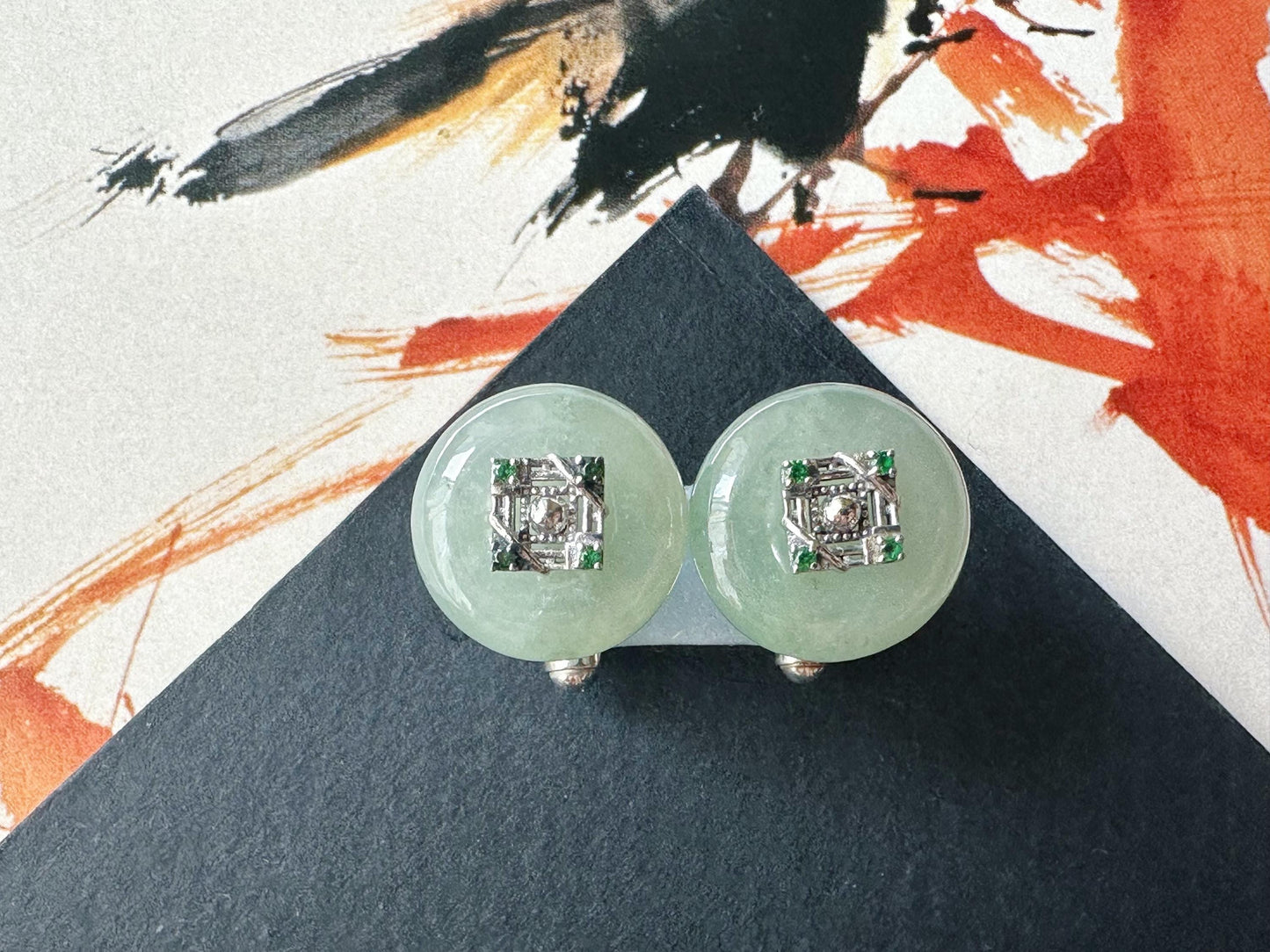 Icy Jadeite Cufflinks, Sterling Silver, Green Zircon, Modern Executive Accessory