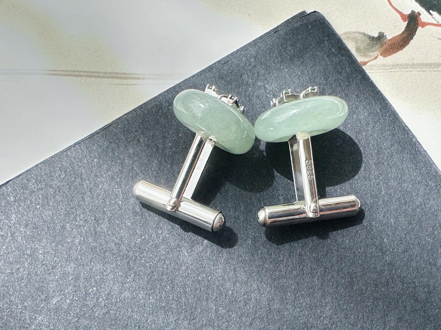 Icy Jadeite Cufflinks, Sterling Silver, Green Zircon, Modern Executive Accessory