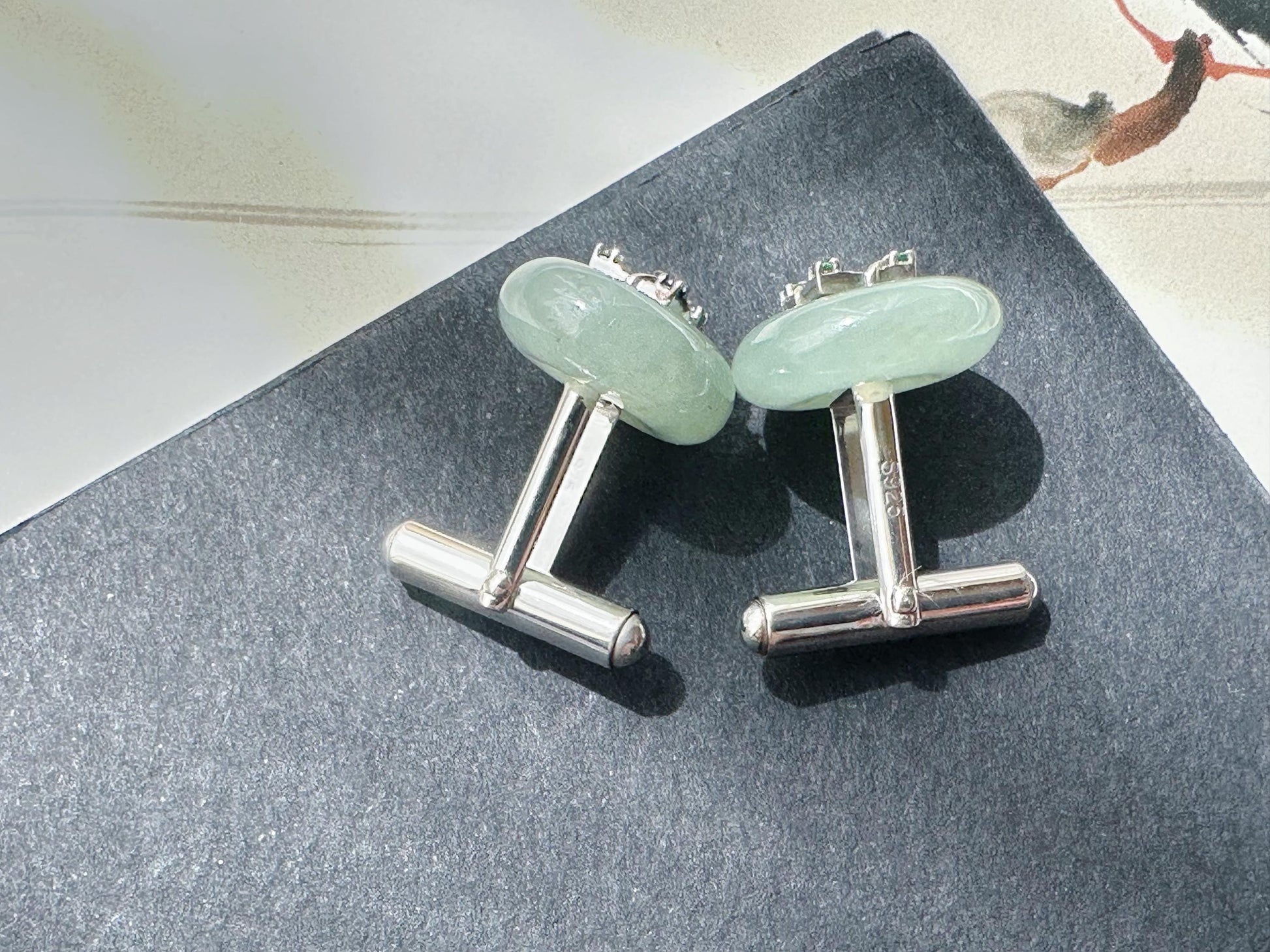 Icy Jadeite Cufflinks, Sterling Silver, Green Zircon, Modern Executive Accessory