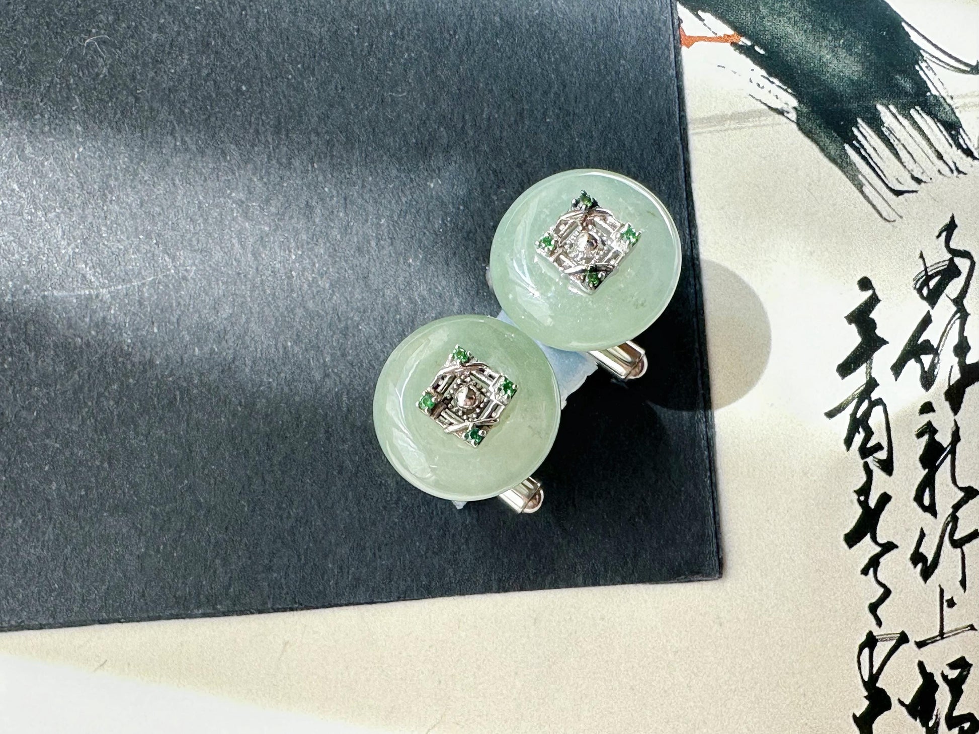 Icy Jadeite Cufflinks, Sterling Silver, Green Zircon, Modern Executive Accessory