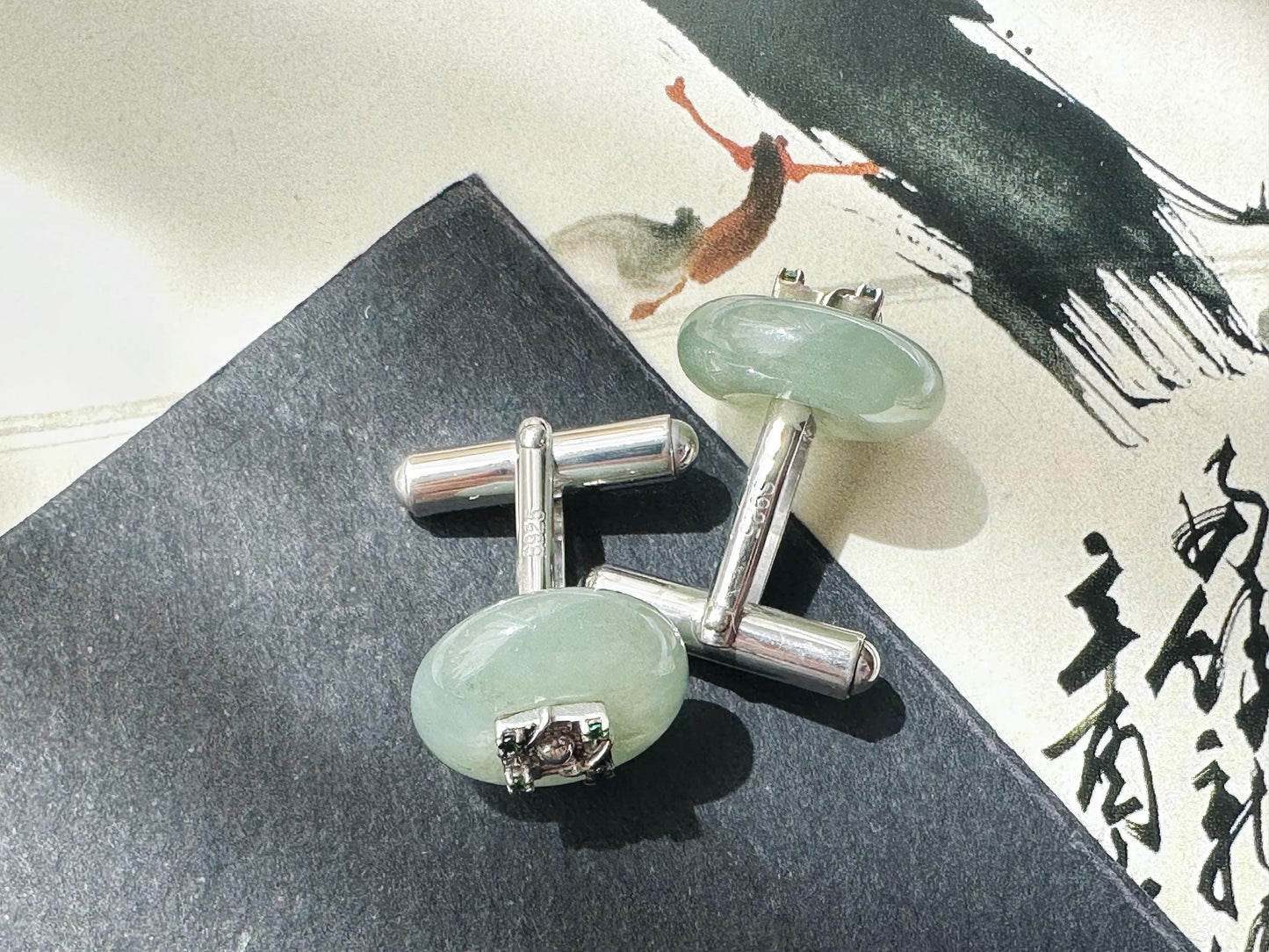 Icy Jadeite Cufflinks, Sterling Silver, Green Zircon, Modern Executive Accessory