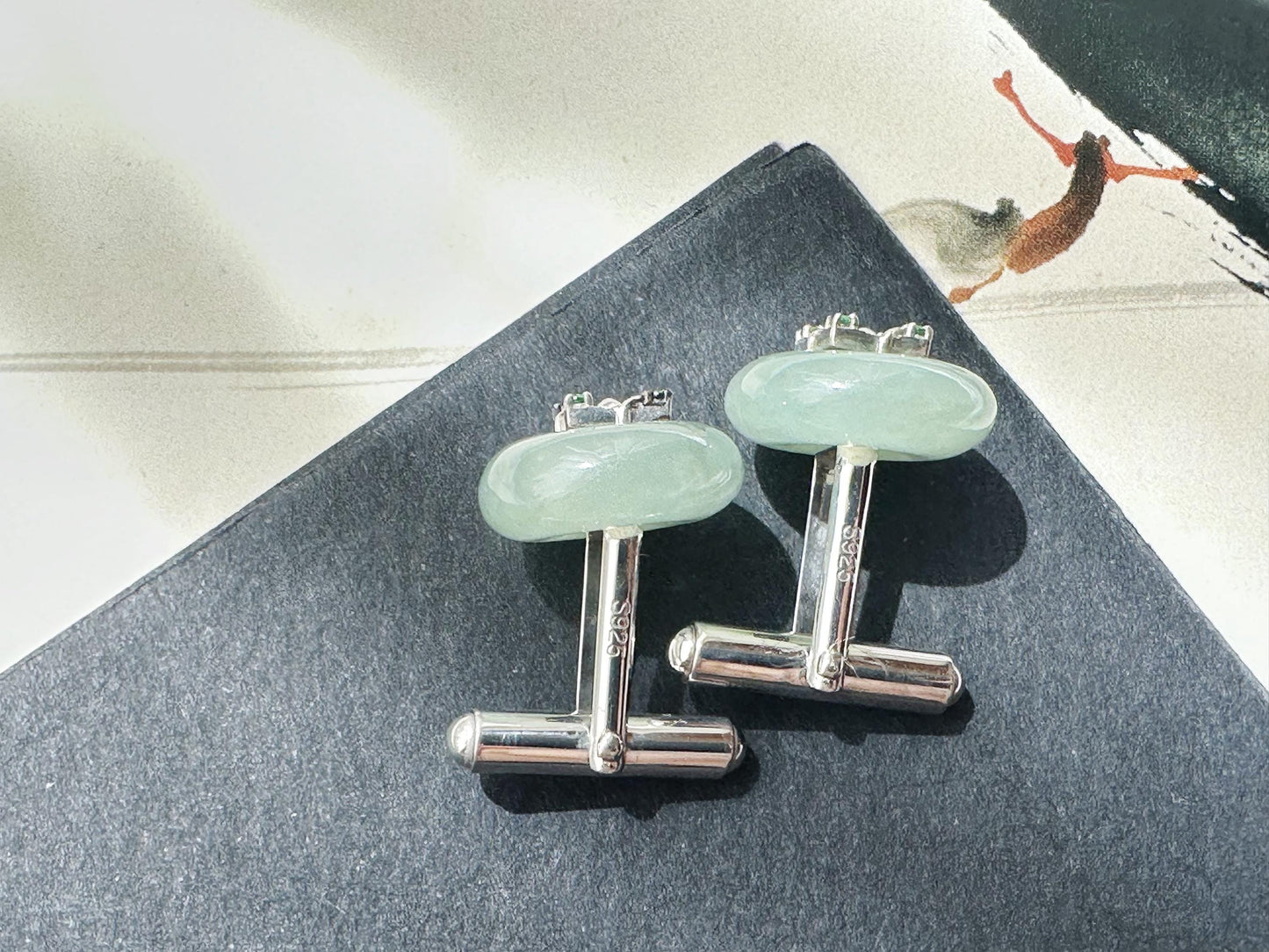 Icy Jadeite Cufflinks, Sterling Silver, Green Zircon, Modern Executive Accessory