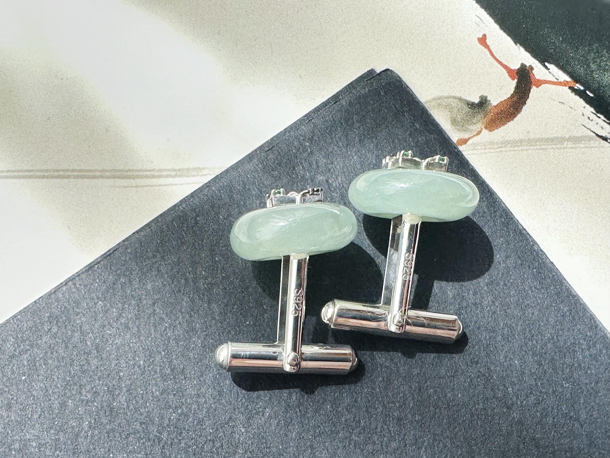 Icy Jadeite Cufflinks, Sterling Silver, Green Zircon, Modern Executive Accessory