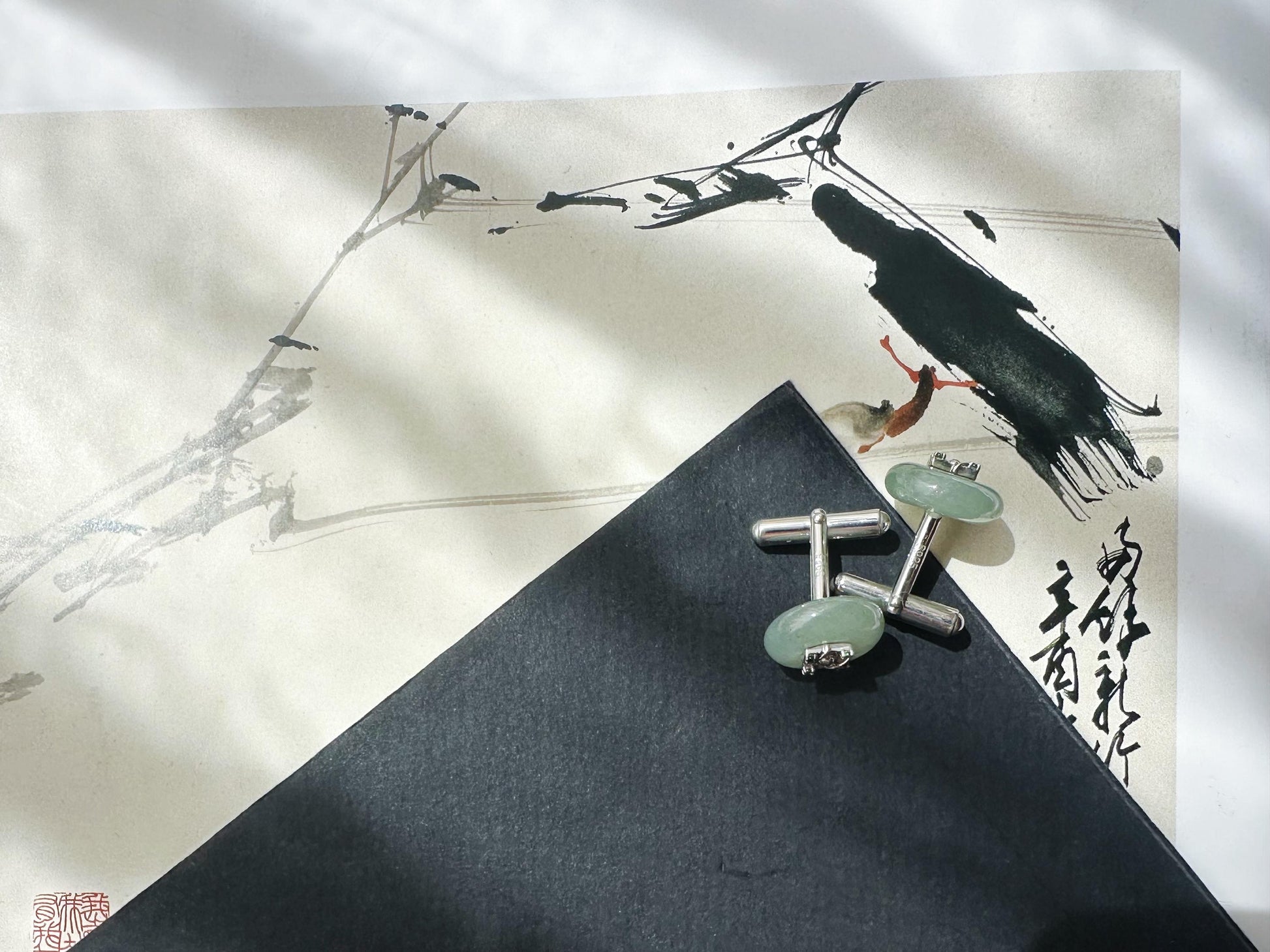 Icy Jadeite Cufflinks, Sterling Silver, Green Zircon, Modern Executive Accessory