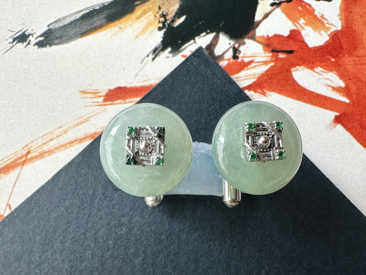 Icy Jadeite Cufflinks, Sterling Silver, Green Zircon, Modern Executive Accessory
