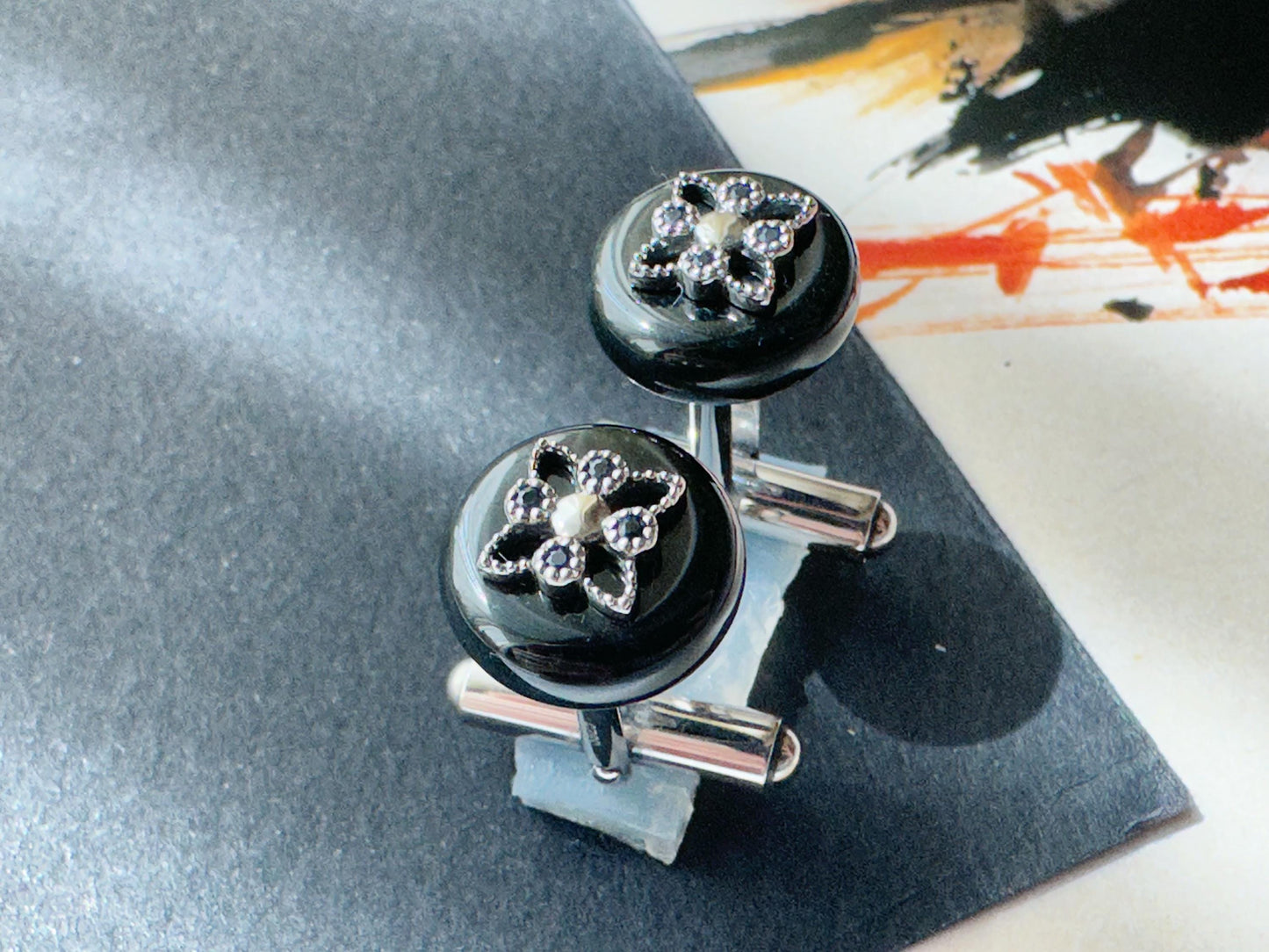 Black Jadeite Cufflinks • Sterling Silver 925 • Blue Zircon Accent • Modern Executive Cuff Links • Mens Luxury Gift • Handmade in Hong Kong