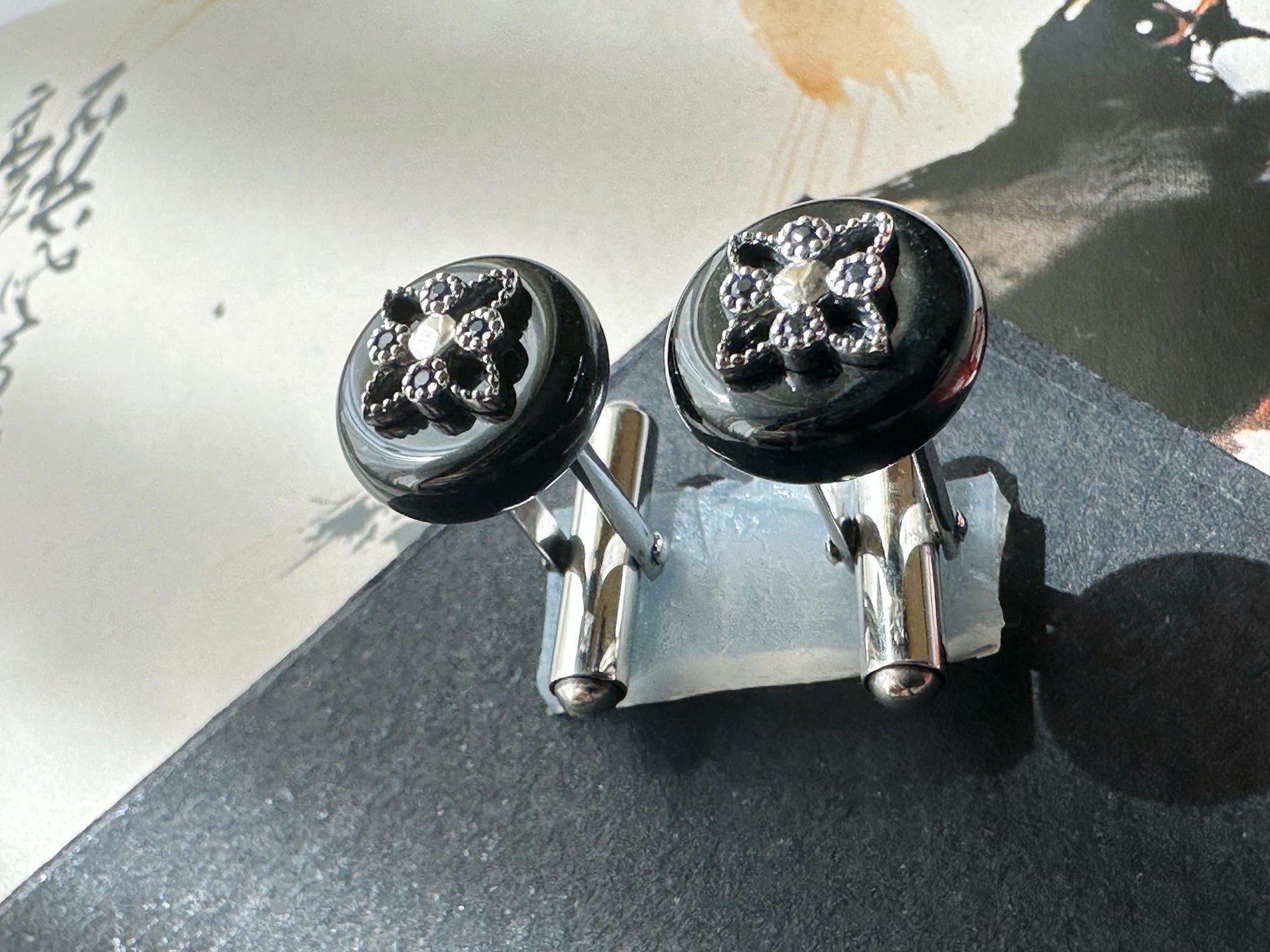 Black Jadeite Cufflinks • Sterling Silver, Blue Zircon Accent • Modern Executive Accessory