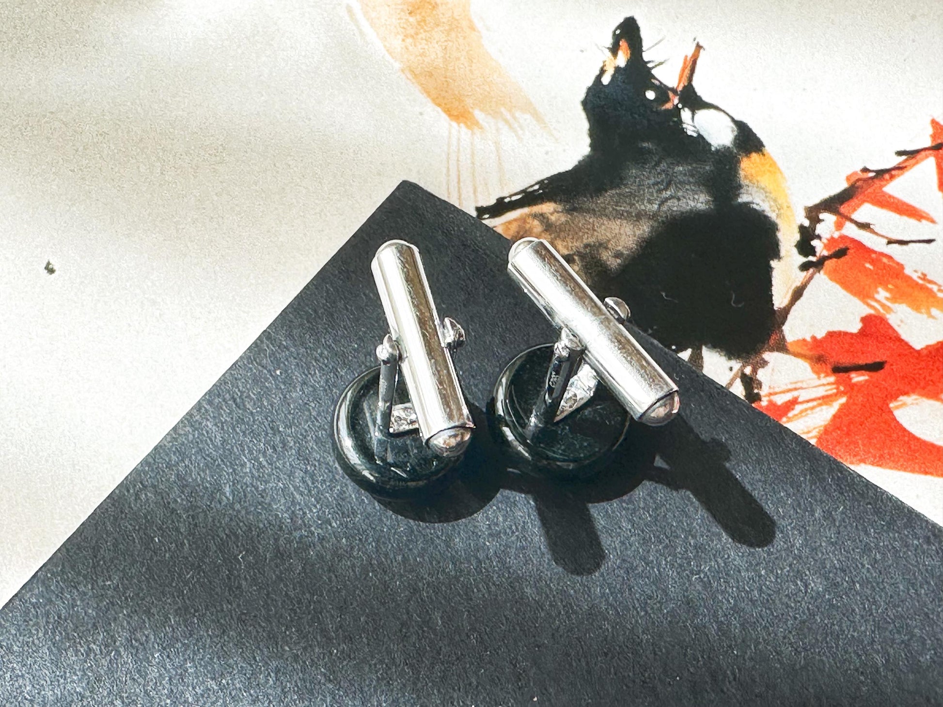 Black Jadeite Cufflinks • Sterling Silver, Blue Zircon Accent • Modern Executive Accessory