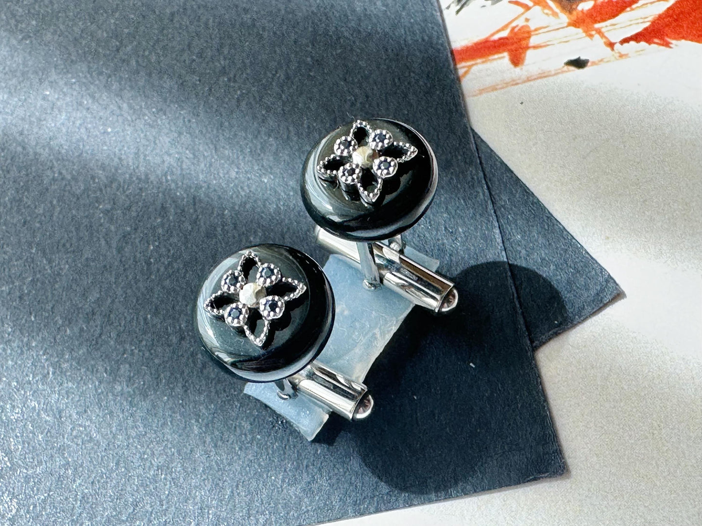 Black Jadeite Cufflinks • Sterling Silver 925 • Blue Zircon Accent • Modern Executive Cuff Links • Mens Luxury Gift • Handmade in Hong Kong
