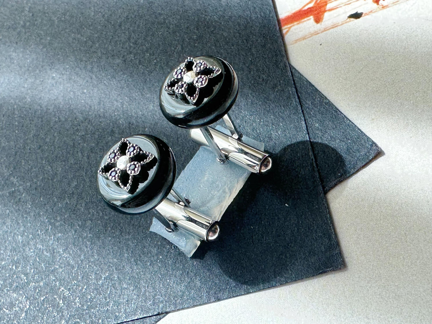 Black Jadeite Cufflinks • Sterling Silver, Blue Zircon Accent • Modern Executive Accessory