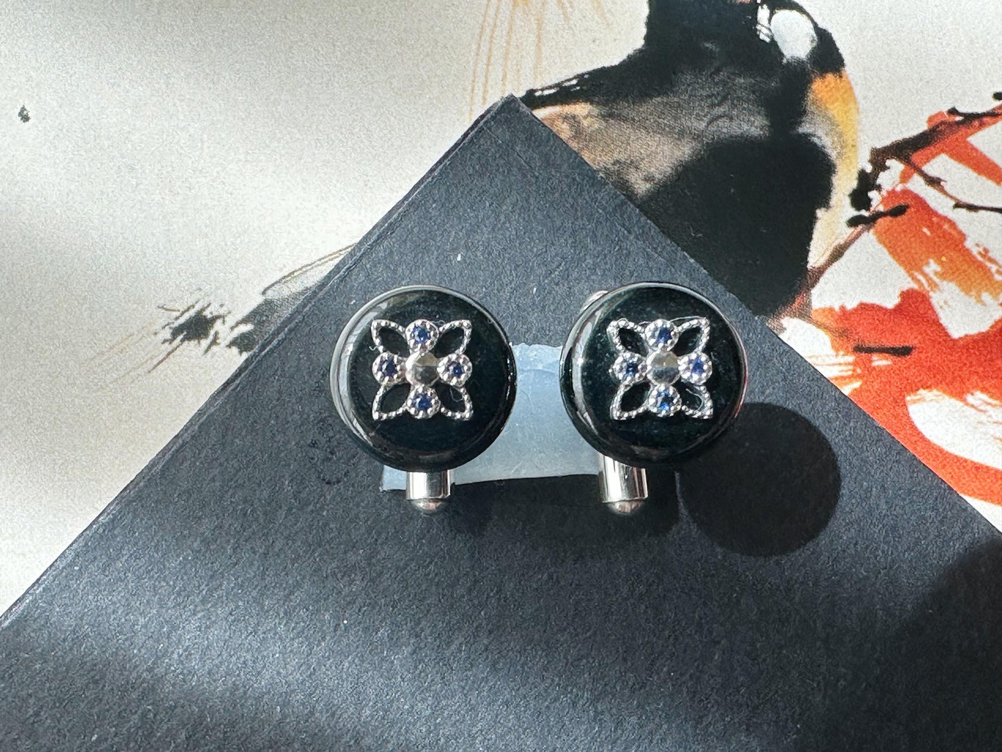 Black Jadeite Cufflinks • Sterling Silver 925 • Blue Zircon Accent • Modern Executive Cuff Links • Mens Luxury Gift • Handmade in Hong Kong