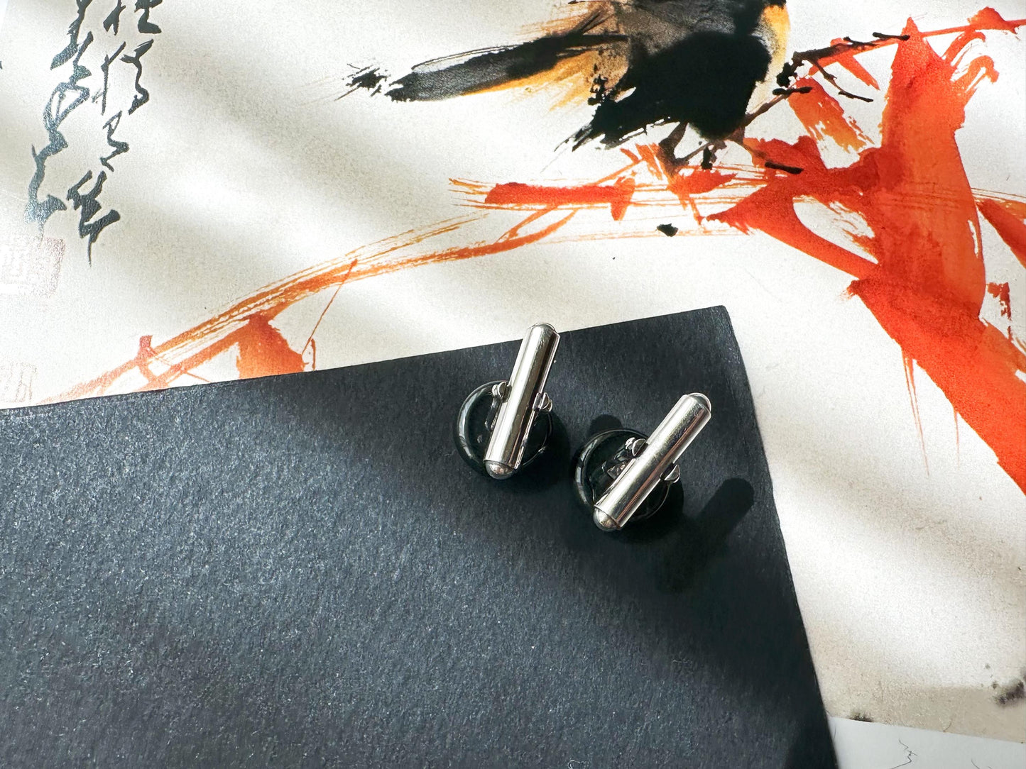 Black Jadeite Cufflinks • Sterling Silver, Blue Zircon Accent • Modern Executive Accessory