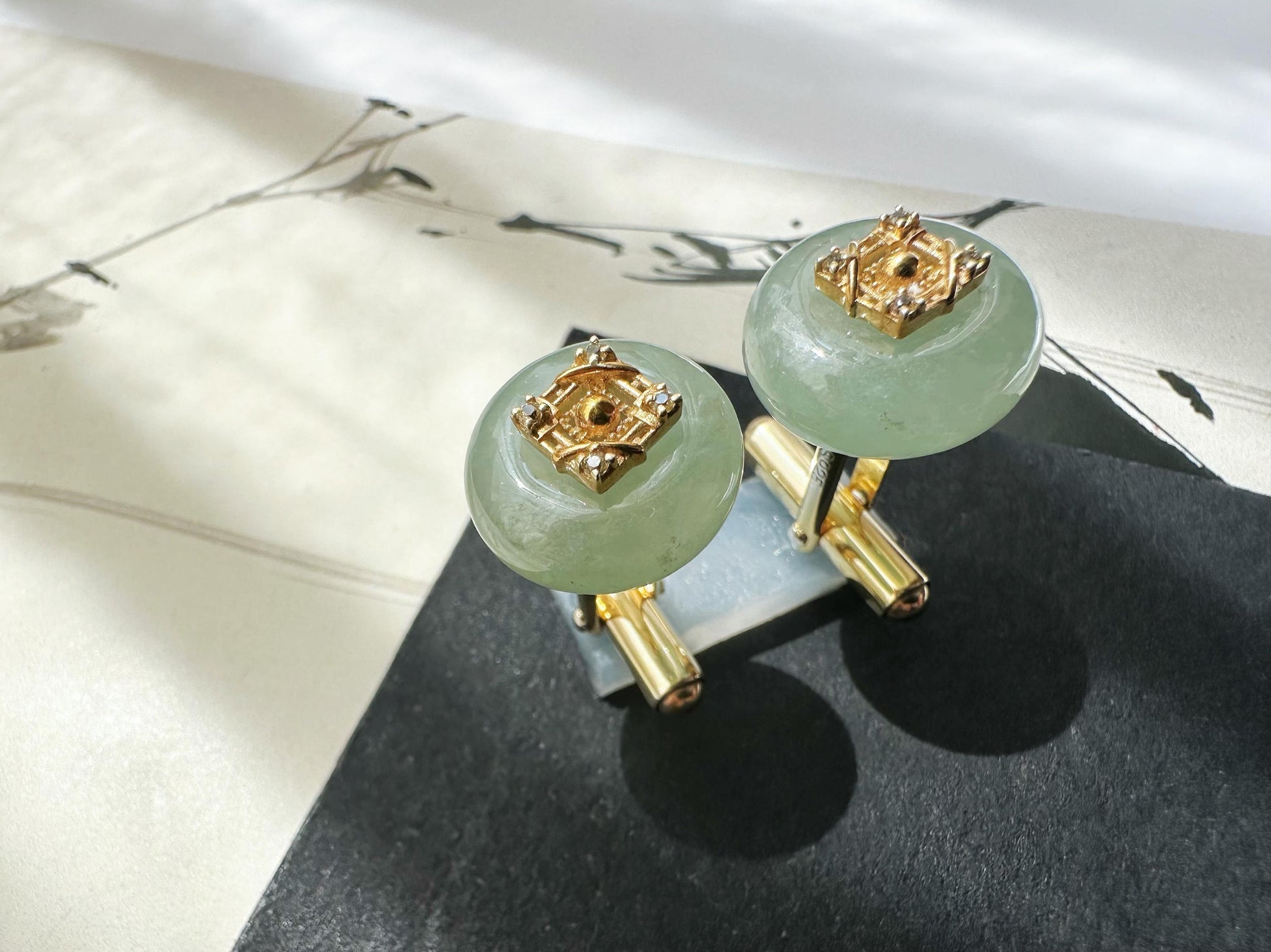 Icy Light Green Jadeite Cufflinks, Sterling Silver, White Zircon, Executive Refinement
