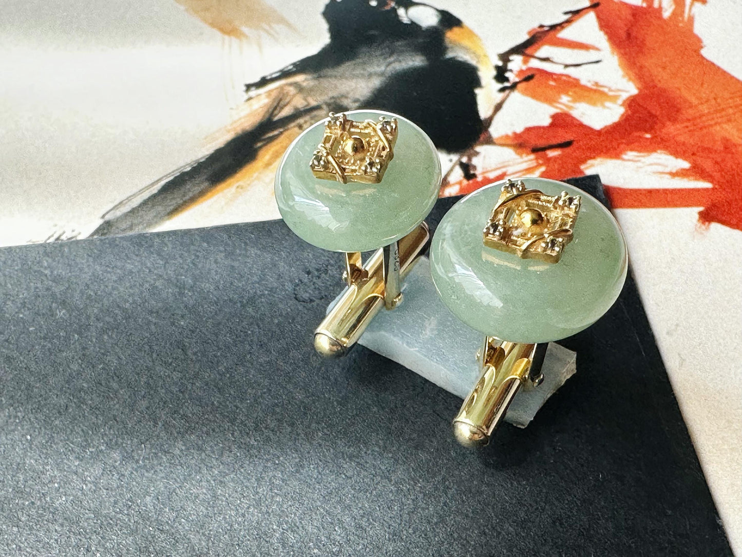 Fresh Light Green Jade Cufflinks, Sterling Silver with White Zircon, Meaningful Gift for Boss, Unisex, Anniversary