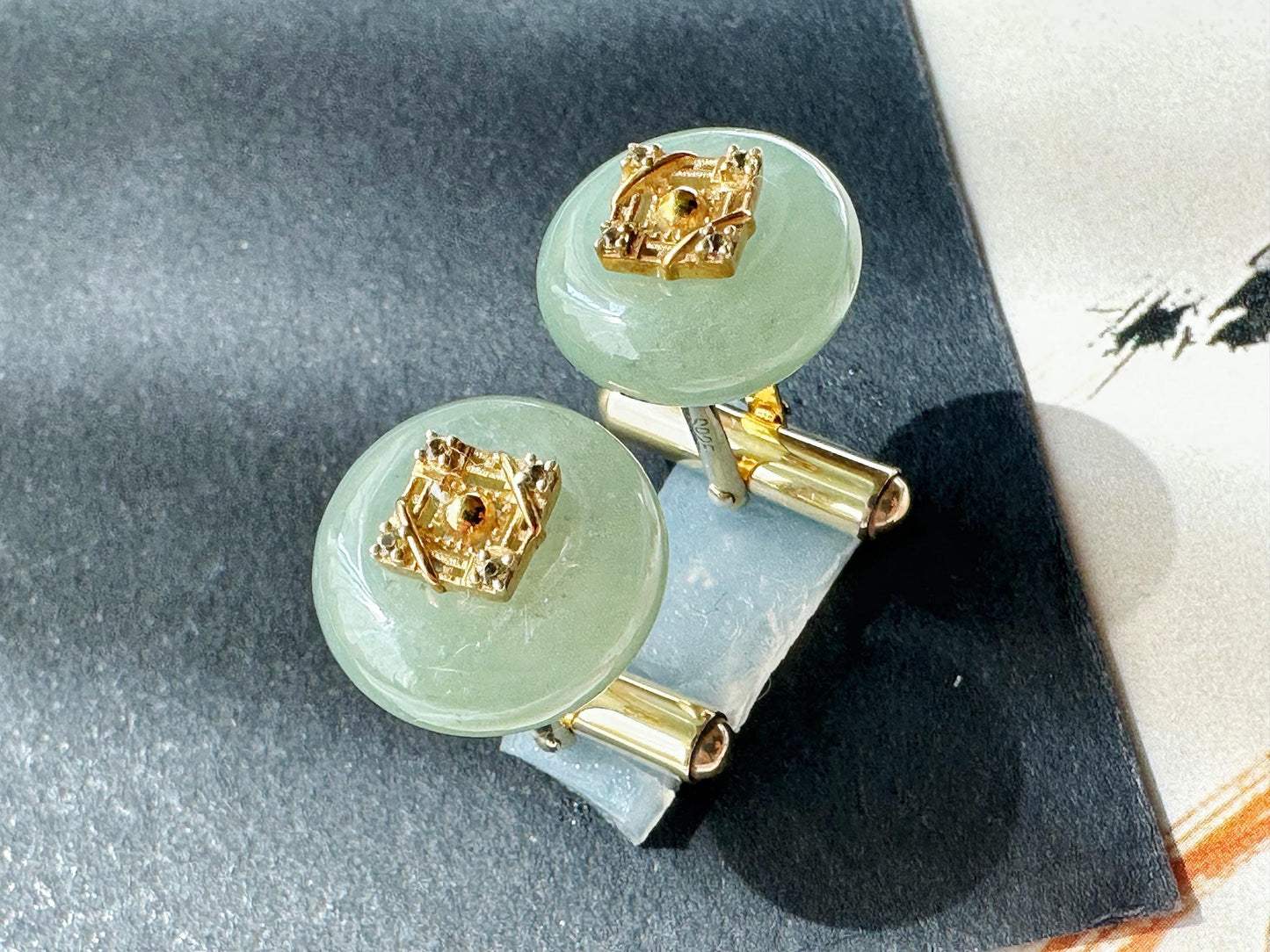 Fresh Light Green Jade Cufflinks, Sterling Silver with White Zircon, Meaningful Gift for Boss, Unisex, Anniversary