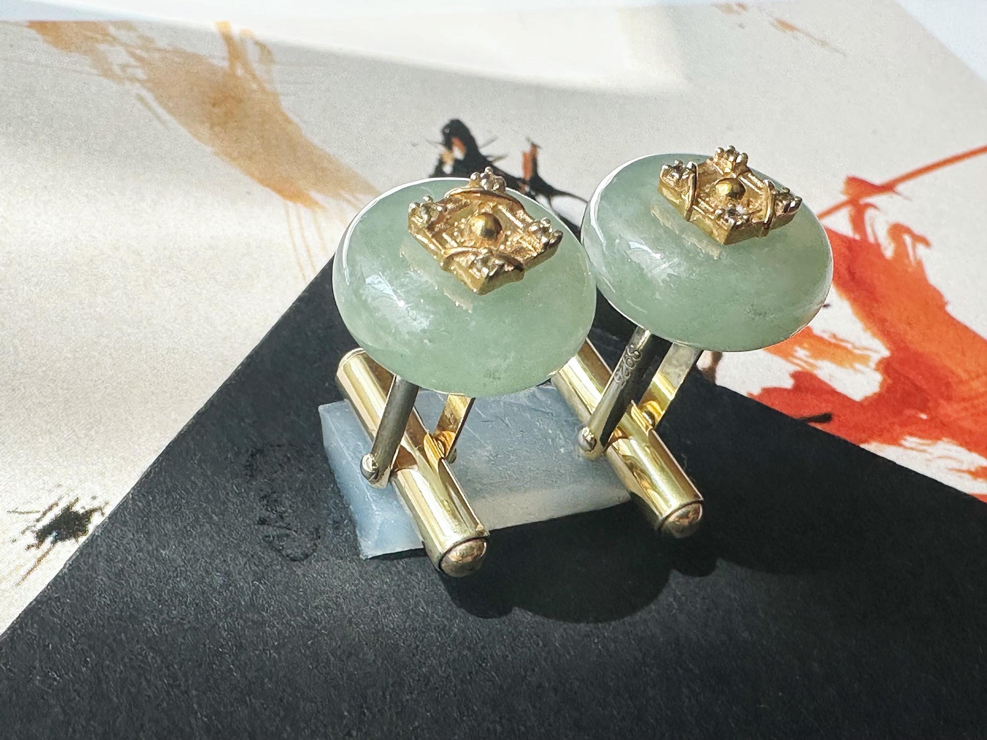 Fresh Light Green Jade Cufflinks, Sterling Silver with White Zircon, Meaningful Gift for Boss, Unisex, Anniversary