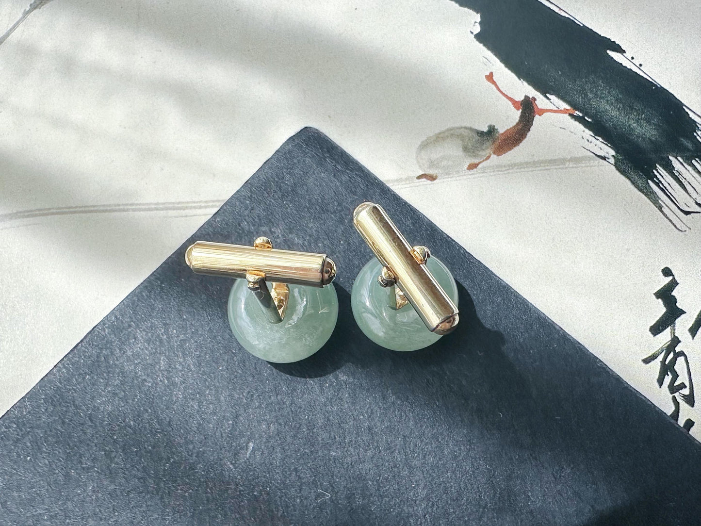 Icy Light Green Jadeite Cufflinks, Sterling Silver, White Zircon, Executive Refinement
