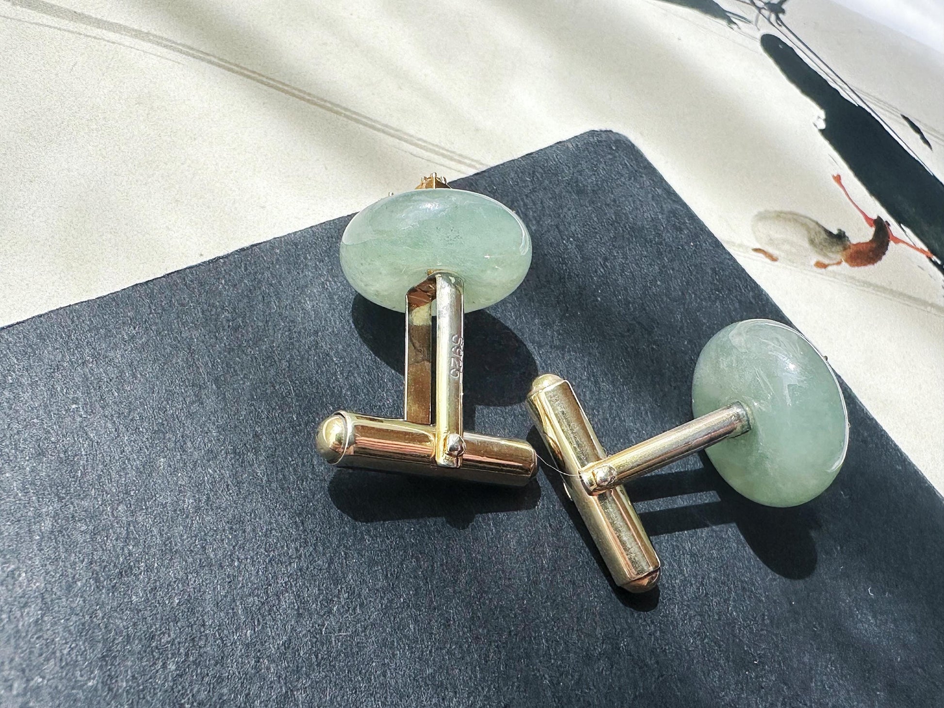 Icy Light Green Jadeite Cufflinks, Sterling Silver, White Zircon, Executive Refinement