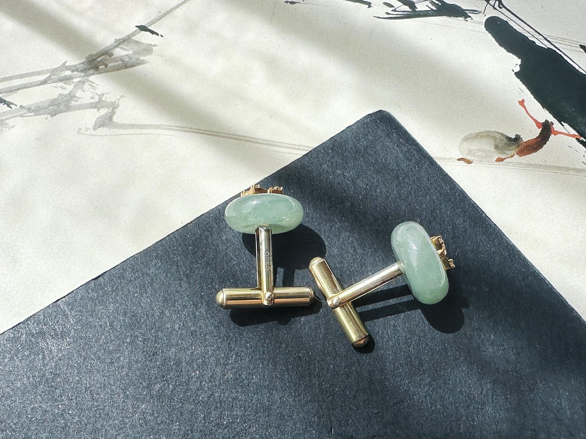 Fresh Light Green Jade Cufflinks, Sterling Silver with White Zircon, Meaningful Gift for Boss, Unisex, Anniversary