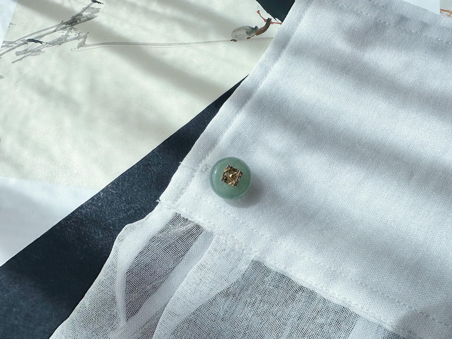 Icy Light Green Jadeite Cufflinks, Sterling Silver, White Zircon, Executive Refinement