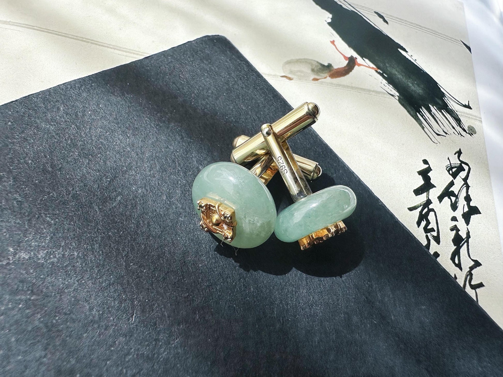 Fresh Light Green Jade Cufflinks, Sterling Silver with White Zircon, Meaningful Gift for Boss, Unisex, Anniversary