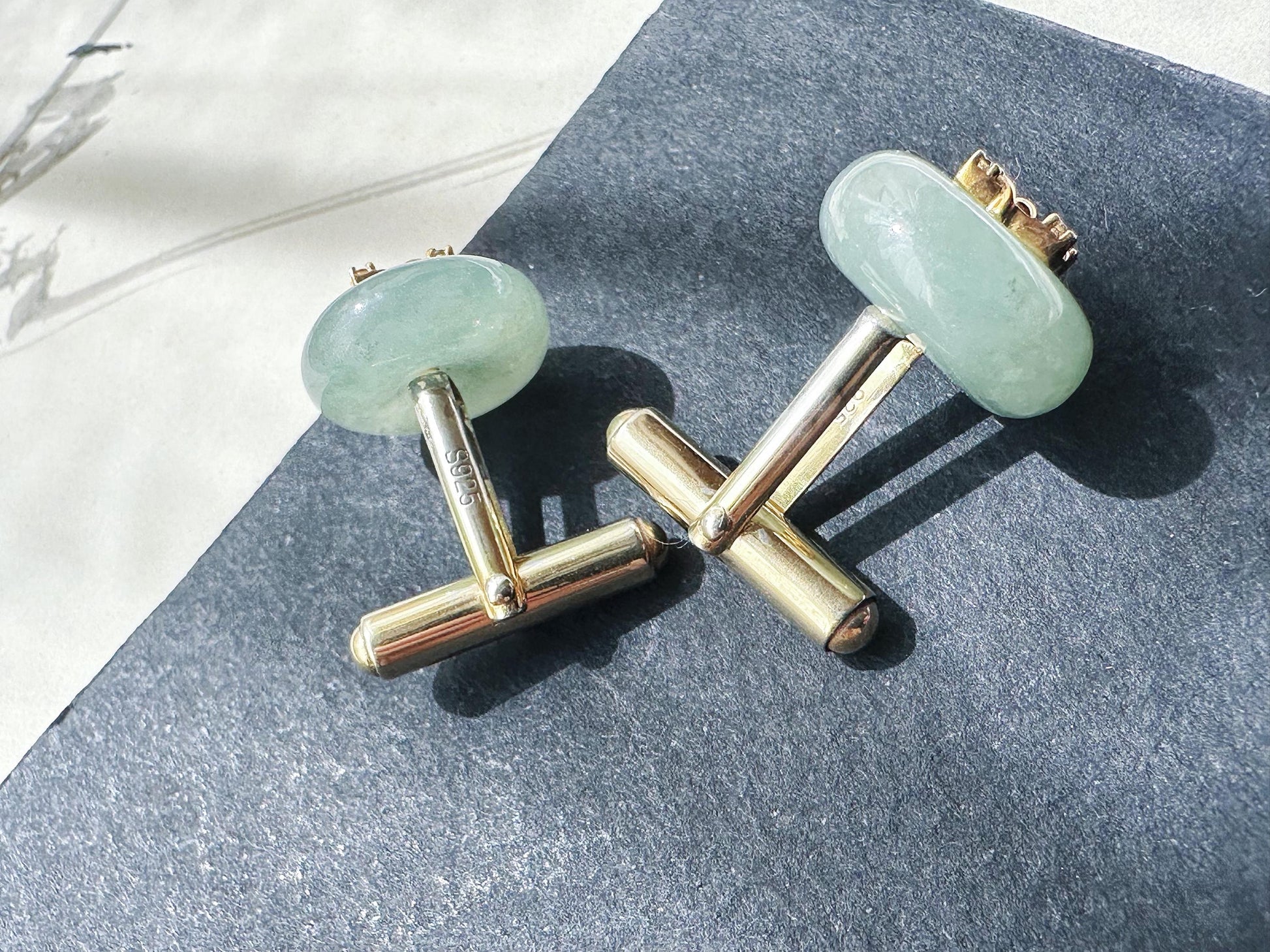 Icy Light Green Jadeite Cufflinks, Sterling Silver, White Zircon, Executive Refinement