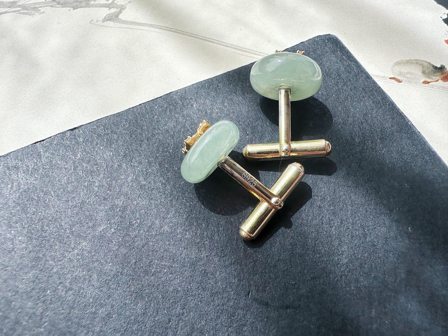 Icy Light Green Jadeite Cufflinks, Sterling Silver, White Zircon, Executive Refinement