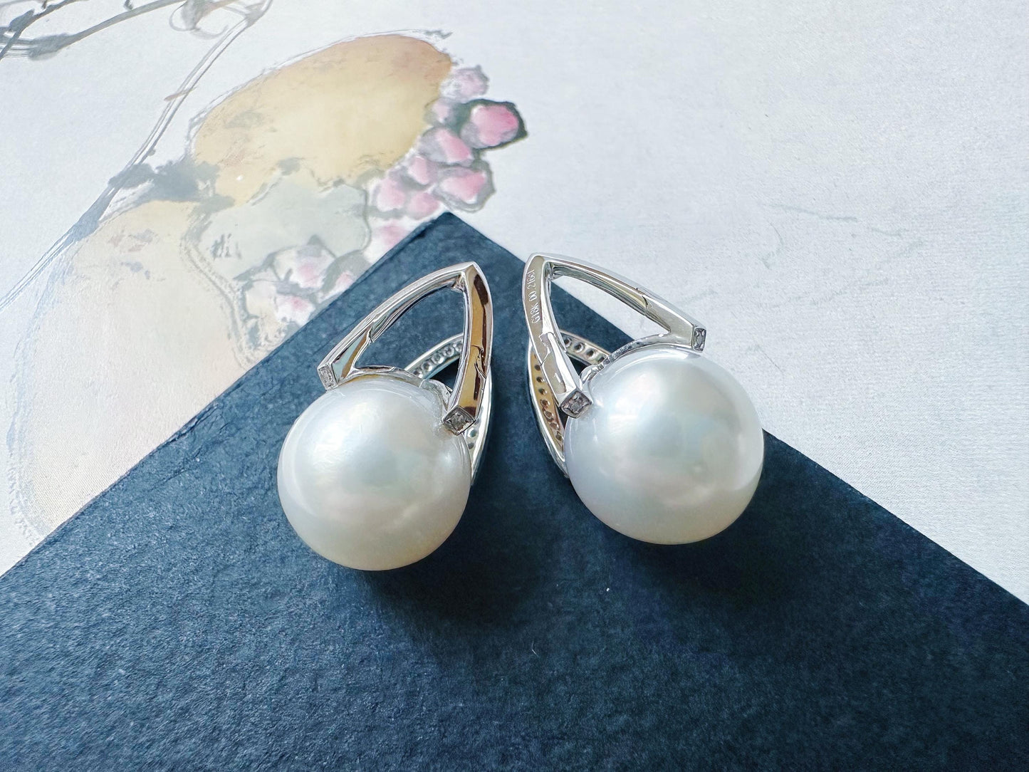 Natural Australian South Sea Pearl Earrings 18k White Gold, 11.9mm Round White Pearl Drop Earrings with Diamonds, Luxury Fine Jewelry Gift