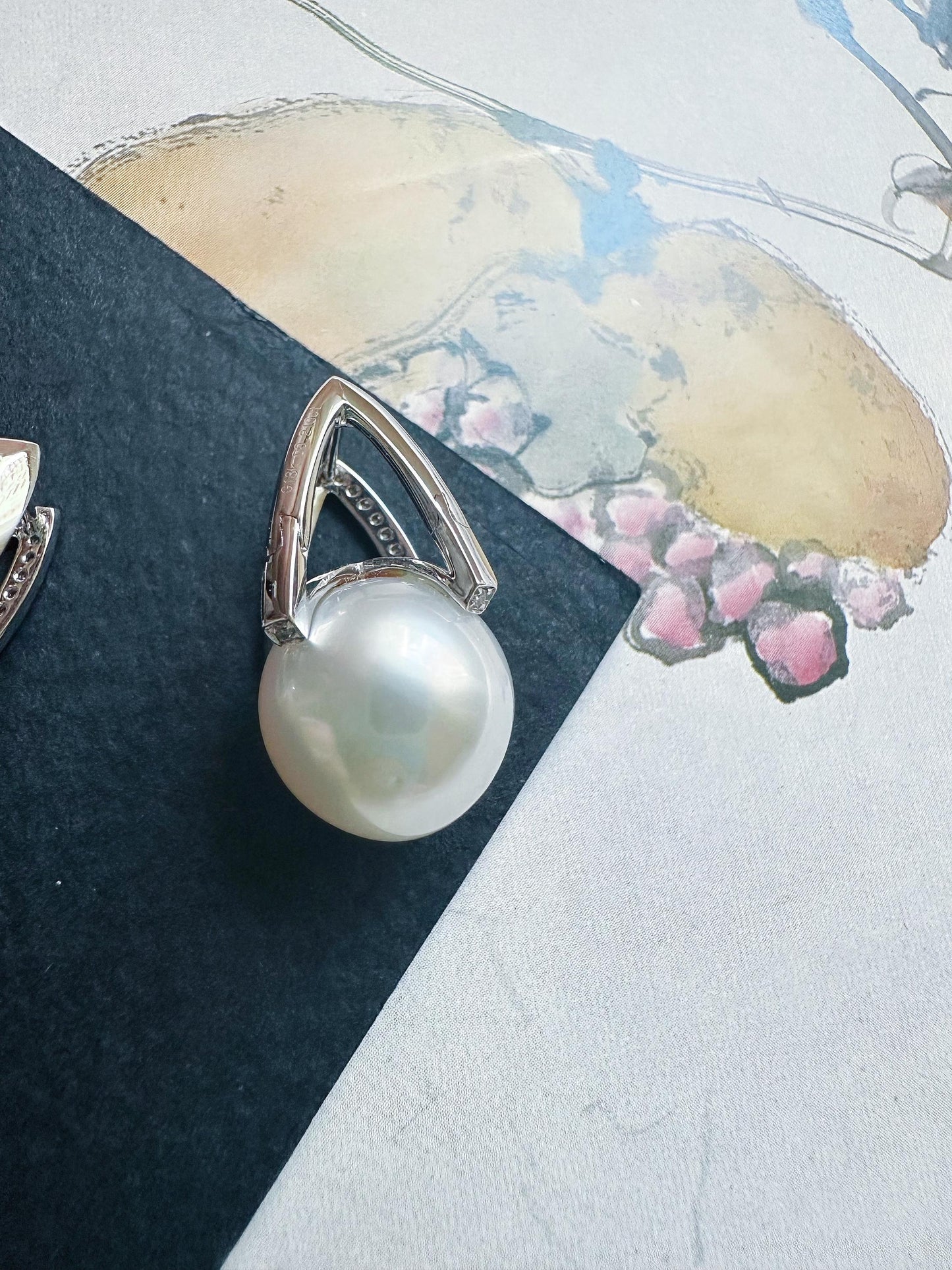Natural Australian South Sea Pearl Earrings 18k White Gold, 11.9mm Round White Pearl Drop Earrings with Diamonds, Luxury Fine Jewelry Gift