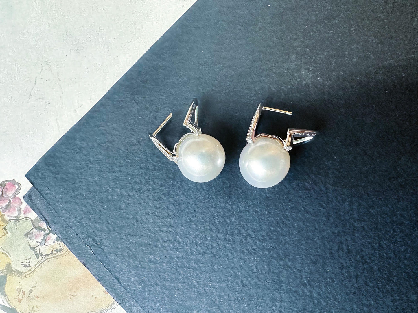 Natural Australian South Sea Pearl Earrings 18k White Gold, 11.9mm Round White Pearl Drop Earrings with Diamonds, Luxury Fine Jewelry Gift