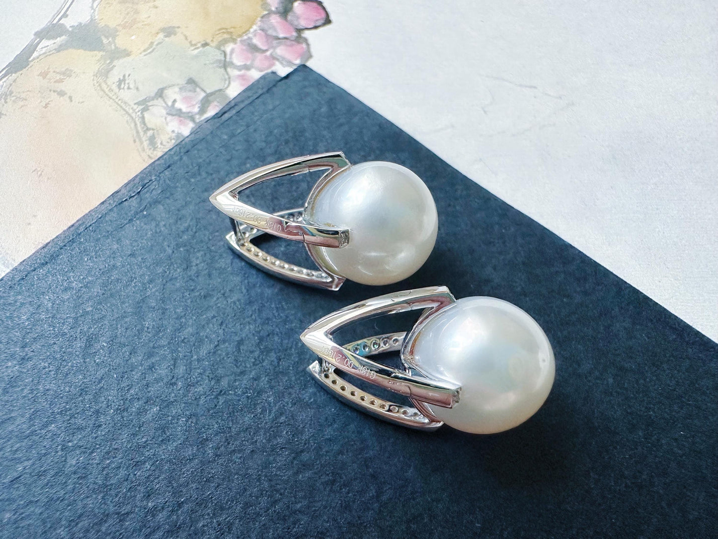 Natural Australian South Sea Pearl Earrings 18k White Gold, 11.9mm Round White Pearl Drop Earrings with Diamonds, Luxury Fine Jewelry Gift