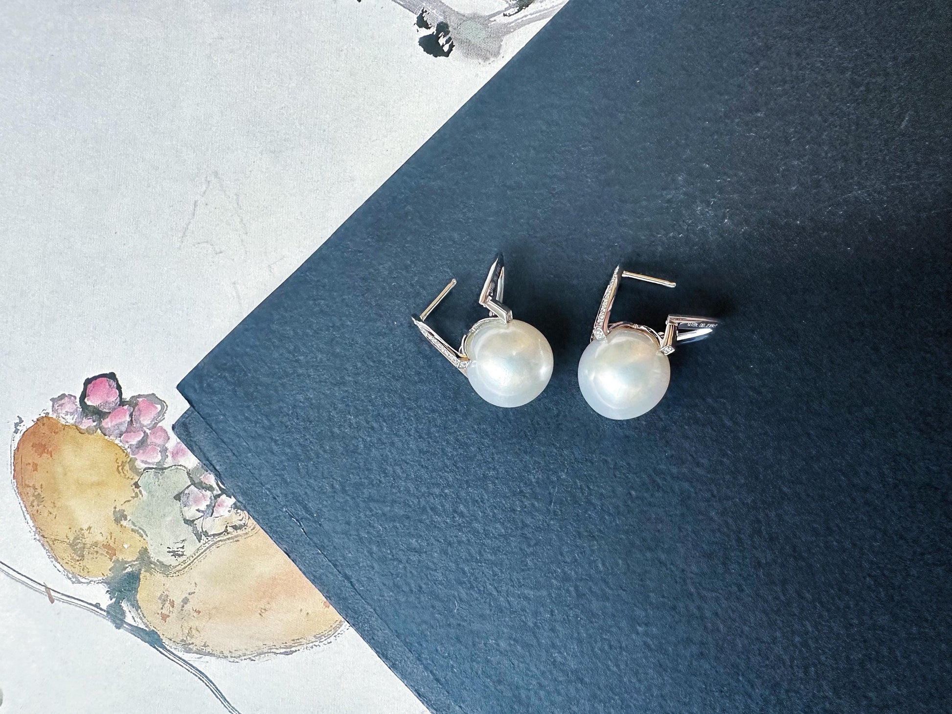 Natural Australian South Sea Pearl Earrings 18k White Gold, 11.9mm Round White Pearl Drop Earrings with Diamonds, Luxury Fine Jewelry Gift