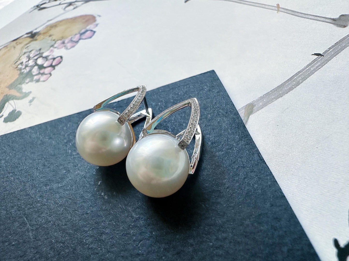 Natural Australian South Sea Pearl Earrings 18k White Gold, 11.9mm Round White Pearl Drop Earrings with Diamonds, Luxury Fine Jewelry Gift