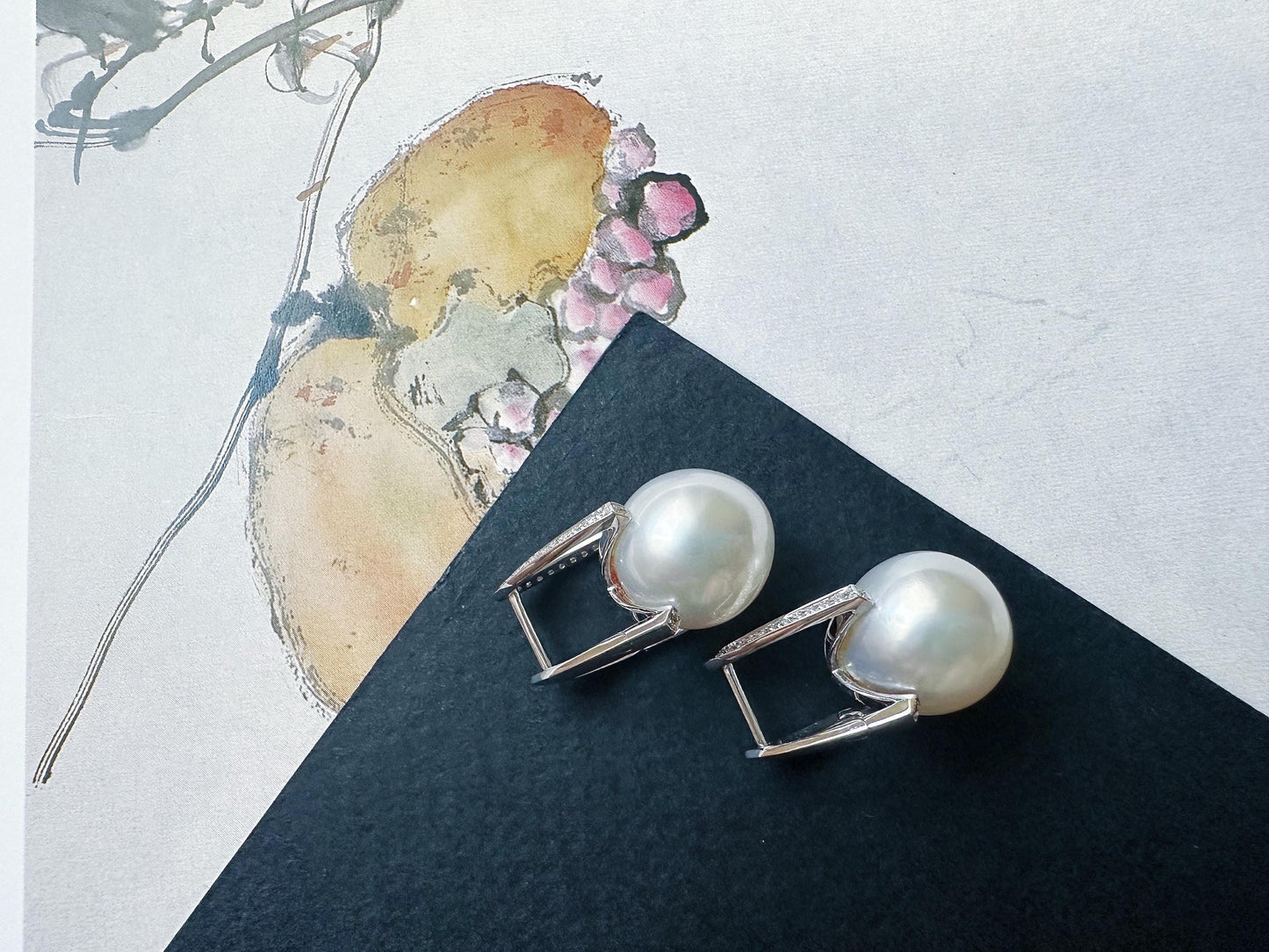 Natural Australian South Sea Pearl Earrings 18k White Gold, 11.9mm Round White Pearl Drop Earrings with Diamonds, Luxury Fine Jewelry Gift
