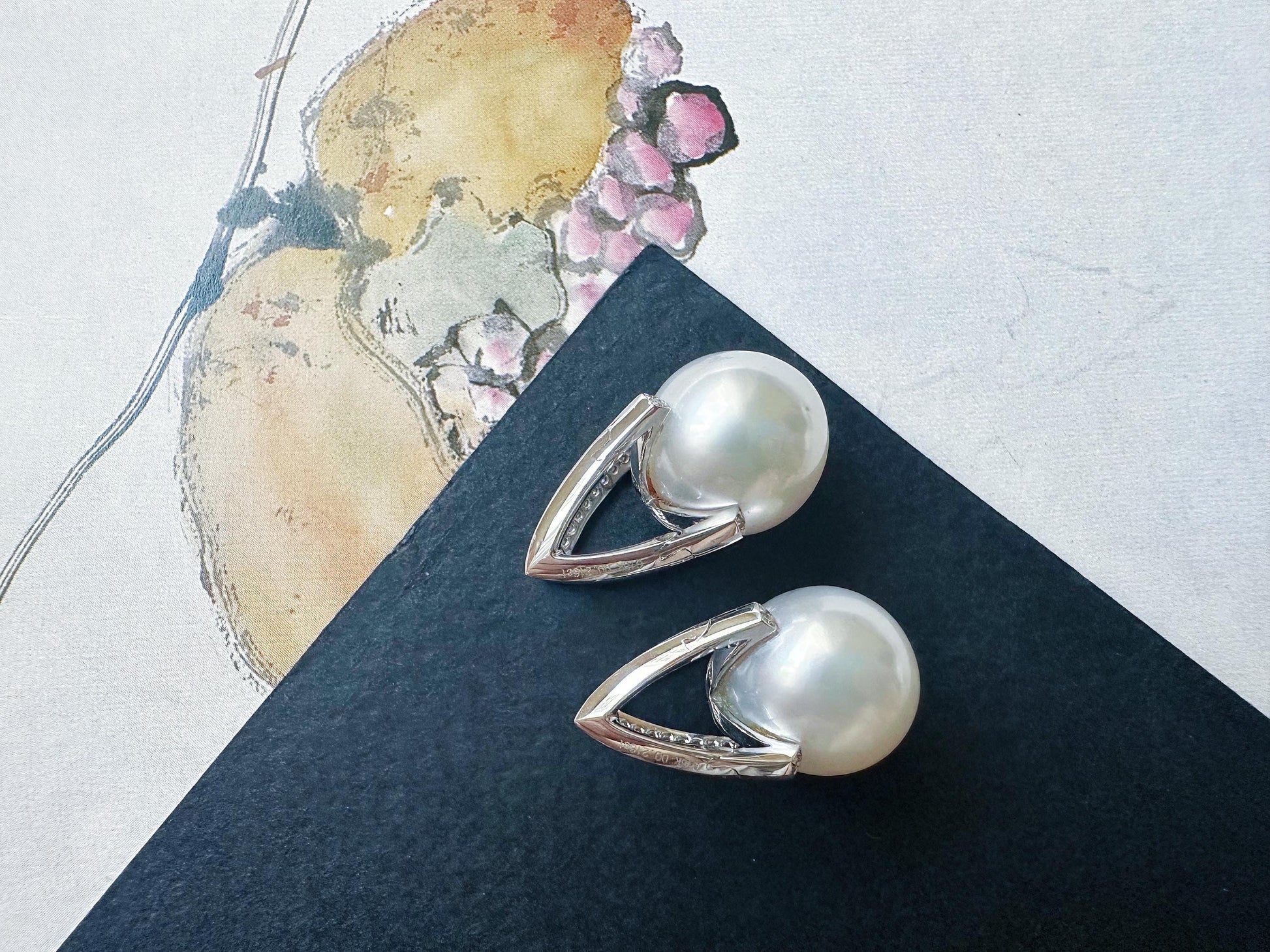 Natural Australian South Sea Pearl Earrings 18k White Gold, 11.9mm Round White Pearl Drop Earrings with Diamonds, Luxury Fine Jewelry Gift