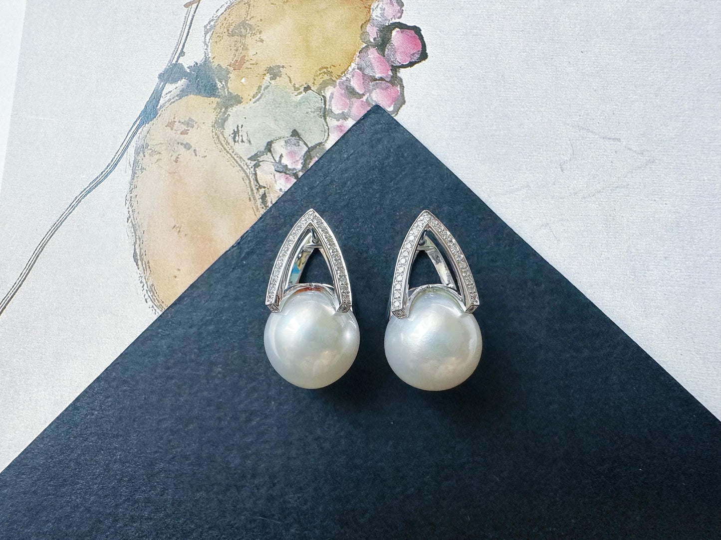 Natural Australian South Sea Pearl Earrings 18k White Gold, 11.9mm Round White Pearl Drop Earrings with Diamonds, Luxury Fine Jewelry Gift