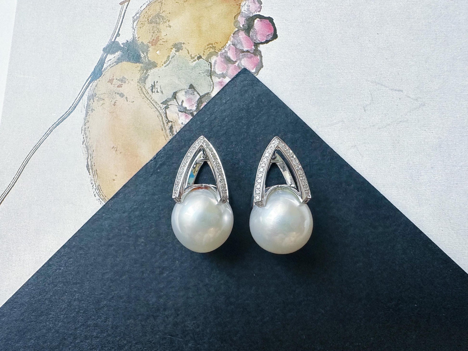 Natural Australian South Sea Pearl Earrings 18k White Gold, 11.9mm Round White Pearl Drop Earrings with Diamonds, Luxury Fine Jewelry Gift