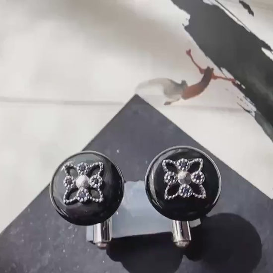 Black Jadeite Cufflinks • Sterling Silver, Blue Zircon Accent • Modern Executive Accessory