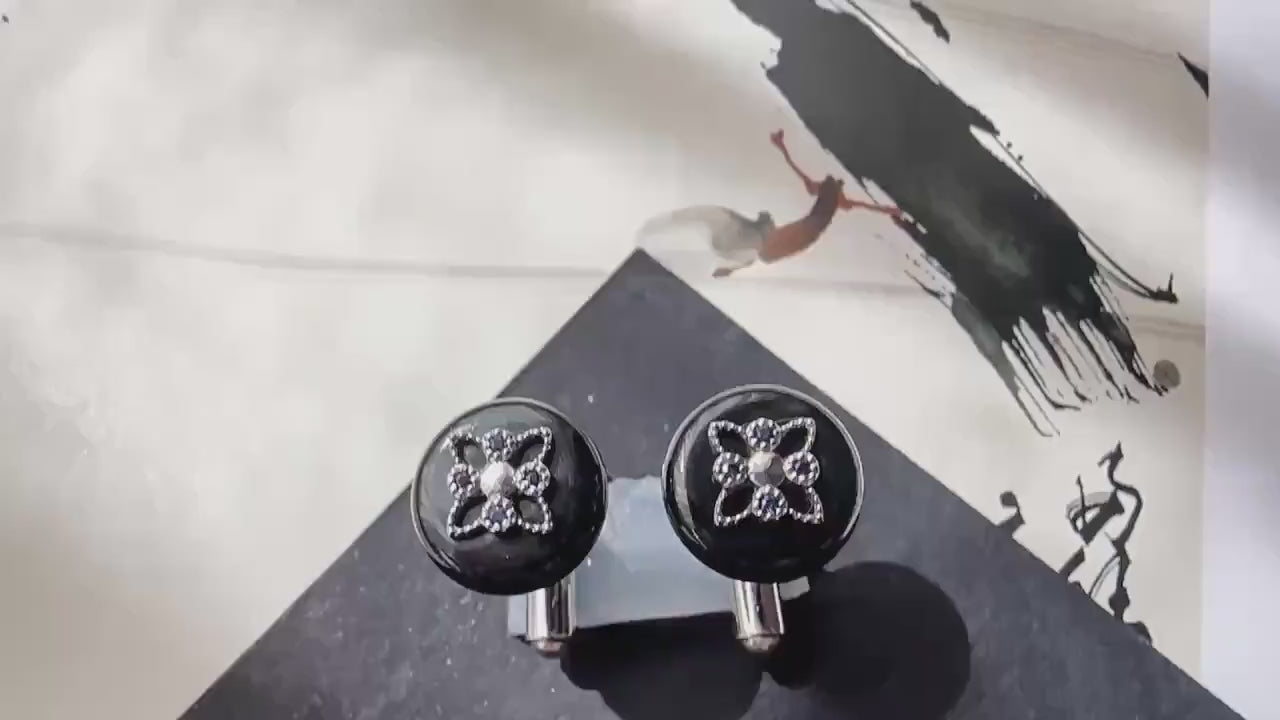 Black Jadeite Cufflinks • Sterling Silver, Blue Zircon Accent • Modern Executive Accessory