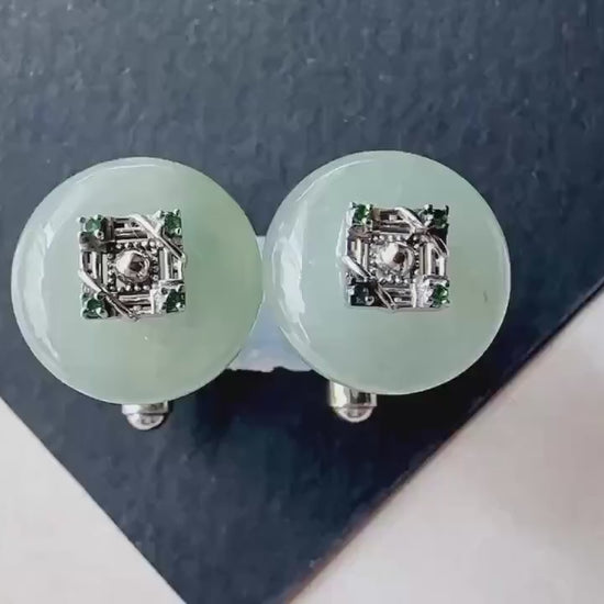 Icy Jadeite Cufflinks, Sterling Silver, Green Zircon, Modern Executive Accessory