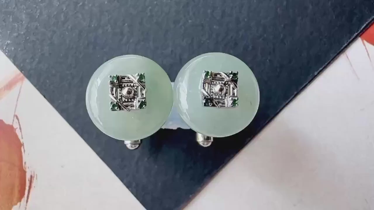 Icy Jadeite Cufflinks, Sterling Silver, Green Zircon, Modern Executive Accessory