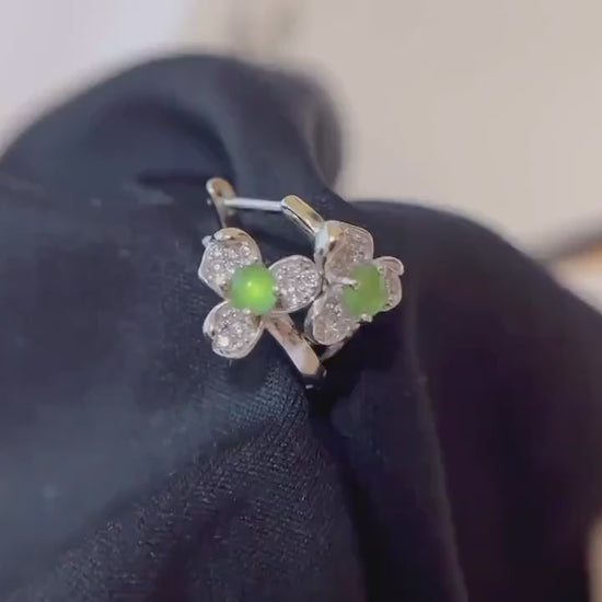 Natural Myanmar Icy Green Jade Flower Huggies Hoop Earrings in Silver