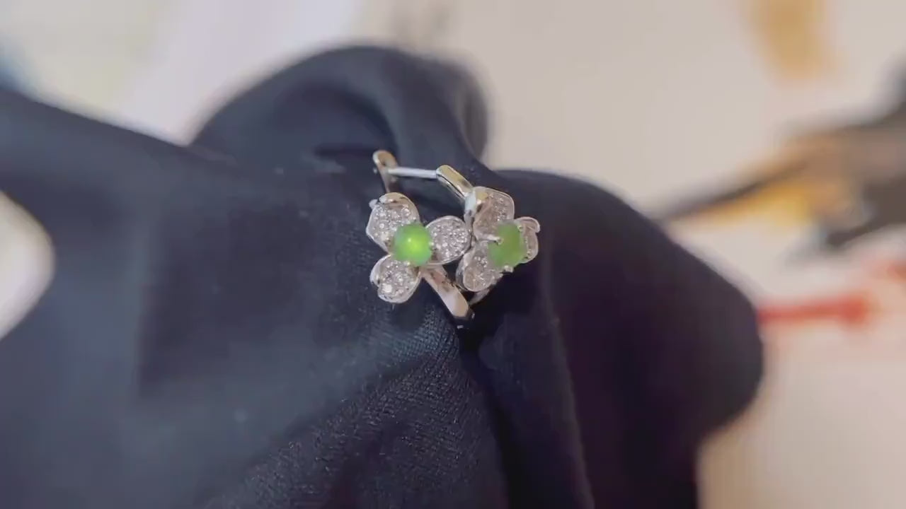 Natural Myanmar Icy Green Jade Flower Huggies Hoop Earrings in Silver