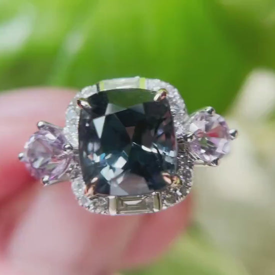 Myanmar Grey Spinel Diamond Ring: 18K White Gold Burmese Gem