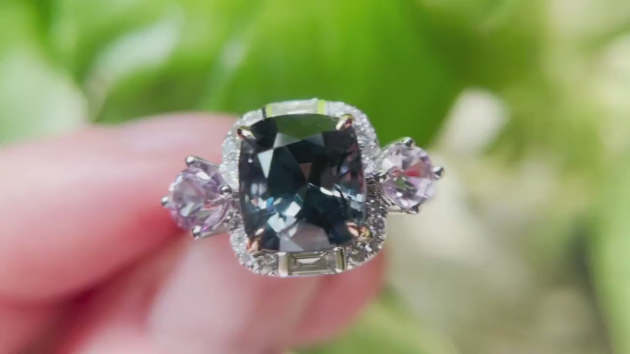 Myanmar Grey Spinel Diamond Ring: 18K White Gold Burmese Gem