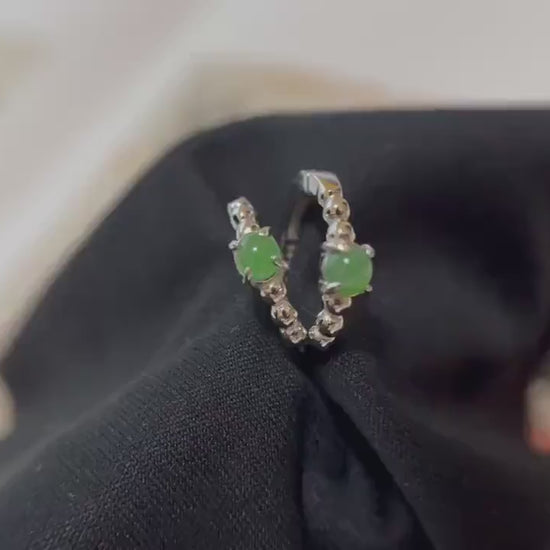 Natural Myanmar Jade Huggie Hoop Earrings in Silver